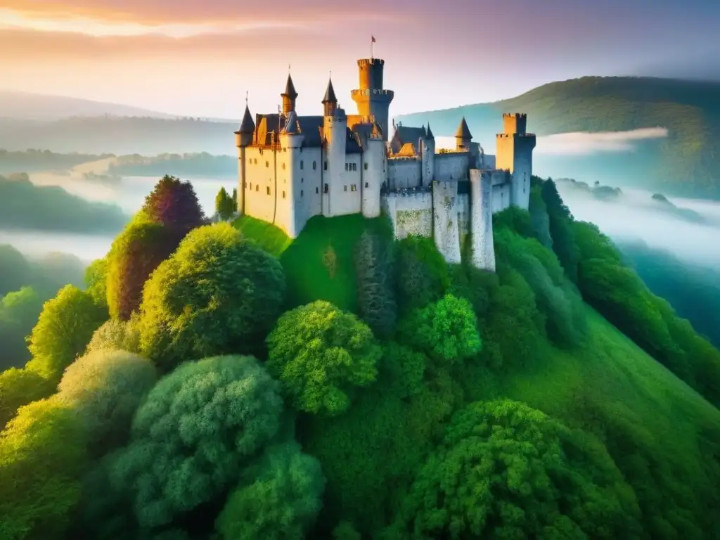 Castillo medieval: majestuosidad en la naturaleza Un castillo medieval majestuoso en una colina verde rodeado de un bosque vibrante al atardecer