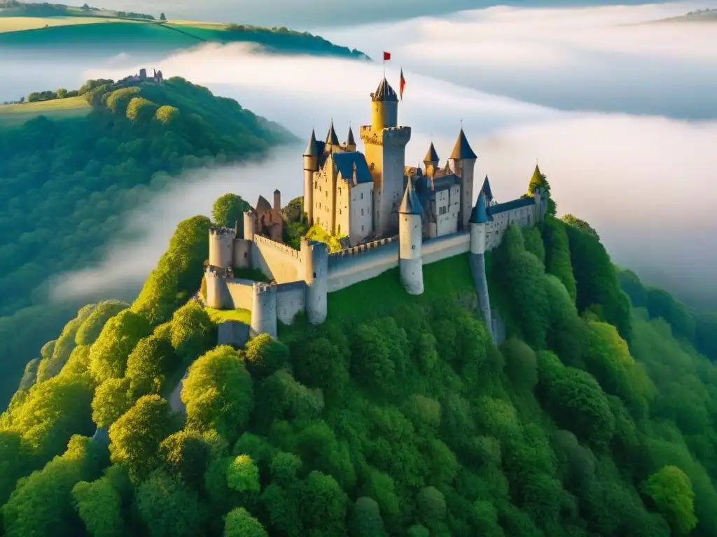 Castillo medieval: majestuosidad y encanto en la naturaleza Un castillo medieval majestuoso rodeado de naturaleza exuberante bajo un cielo azul claro