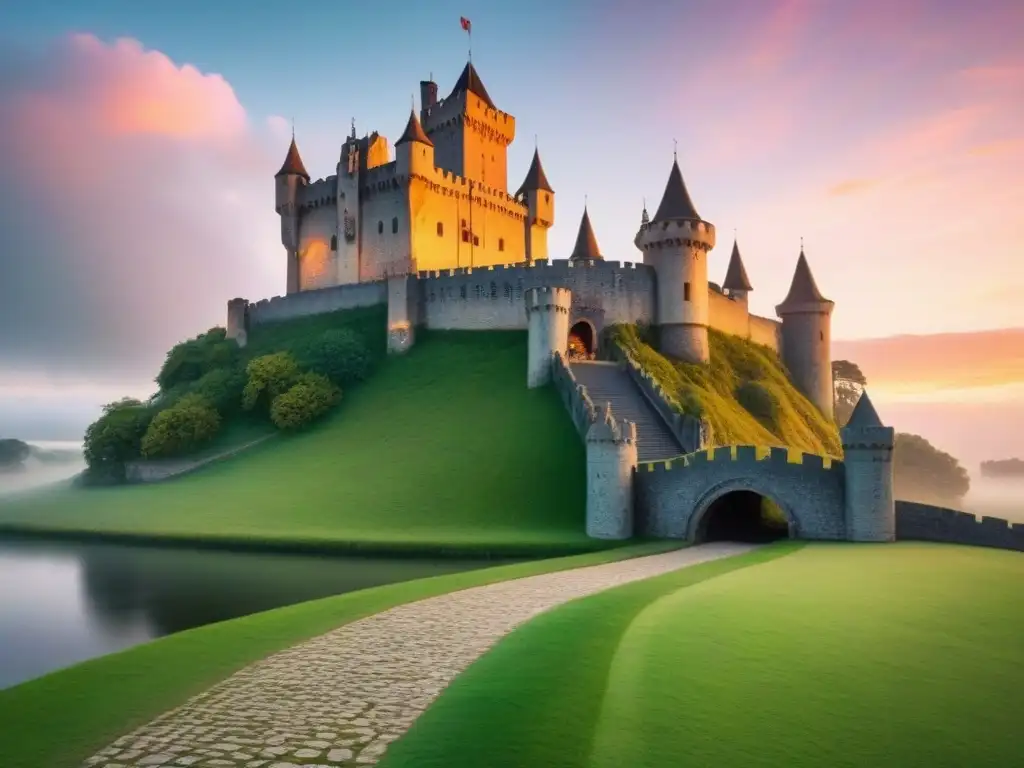 Castillo medieval en colina verde al atardecer Castillo medieval en venta rodeado de un paisaje mágico con un atardecer vibrante