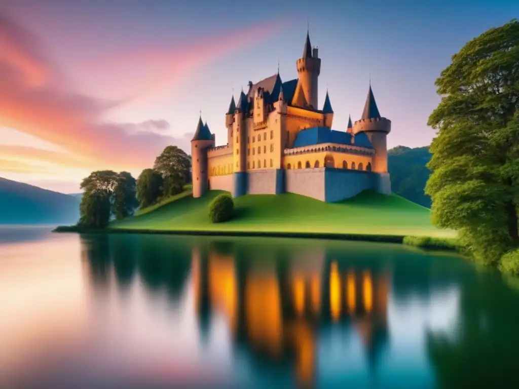 Castillo moderno: lujo y sofisticación en armonía Un castillo moderno y majestuoso en venta alrededor de un lago al atardecer, fusionando tradición e innovación