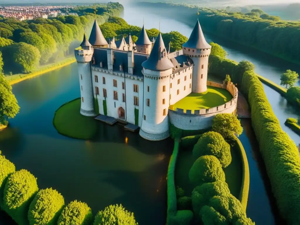 Castillo europeo: inversión majestuosa entre luces y sombras Invertir en castillos europeos: Castillo majestuoso rodeado de exuberante vegetación, con detalles arquitectónicos y una muralla iluminados por el sol