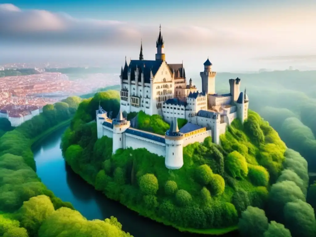 Castillo europeo: fusión tradición e innovación en inversiones Invertir en castillos europeos: Un castillo majestuoso rodeado de exuberante vegetación, con un moderno rascacielos de vidrio al fondo