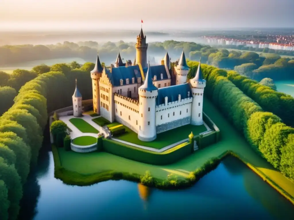 Castillo europeo majestuoso bañado en luz dorada Invertir en castillos europeos: majestuoso castillo rodeado de naturaleza exuberante, bañado en luz dorada, con torres imponentes y un foso tranquilo