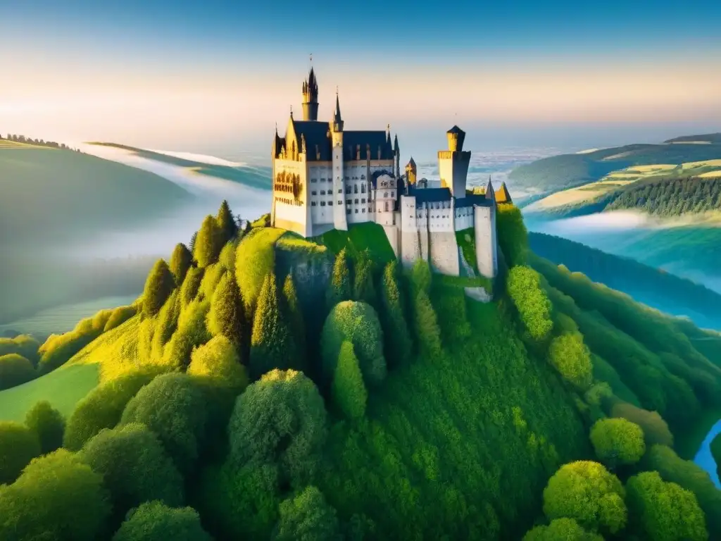 Castillo europeo medieval en colina verde exuberante Invertir en castillos europeos: majestuoso castillo en una colina verde rodeado de un bosque vibrante, bajo un cielo azul claro