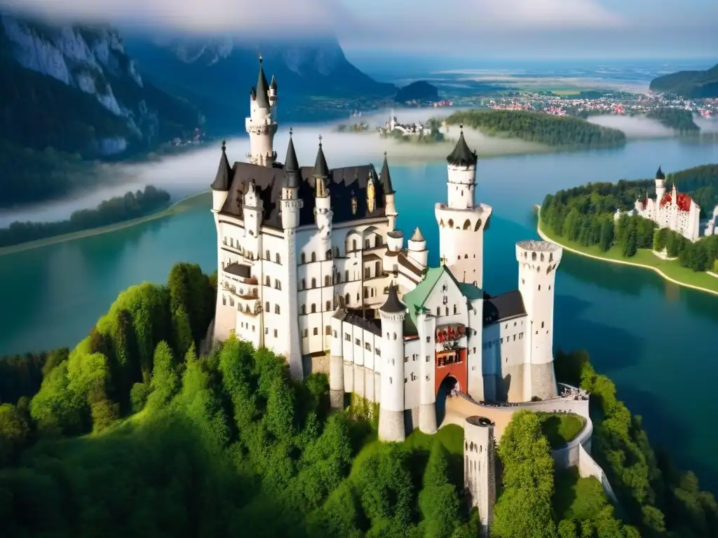 Castillo Neuschwanstein: arquitectura majestuosa en Alemania Invertir en castillos europeos: Vista aérea del majestuoso Castillo Neuschwanstein en Alemania, rodeado de bosques verdes y un lago sereno