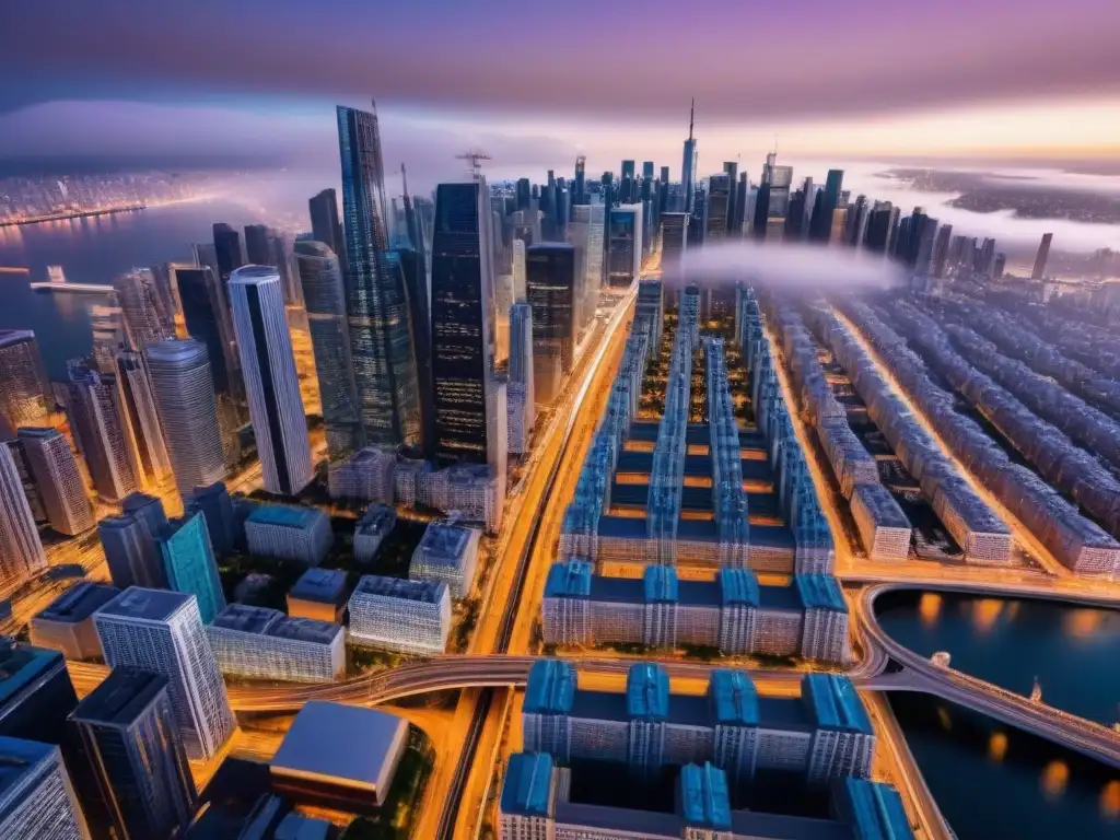 Metrópolis moderna: inversión global en tiempo real Un cautivador paisaje urbano lleno de rascacielos y arquitectura moderna, simbolizando la Visualización de datos para inversionistas