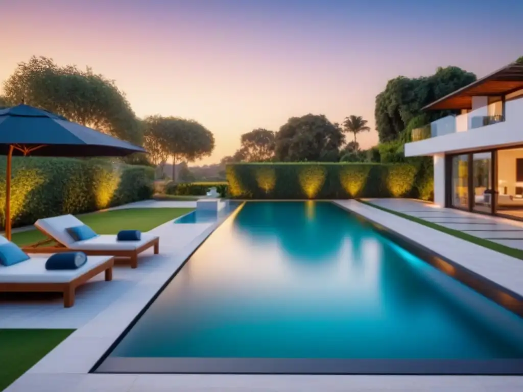 Residencia de lujo: Exterior impecable al atardecer Cautivadora propiedad de lujo al atardecer con terraza espaciosa, piscina de lujo y jardín impecable
