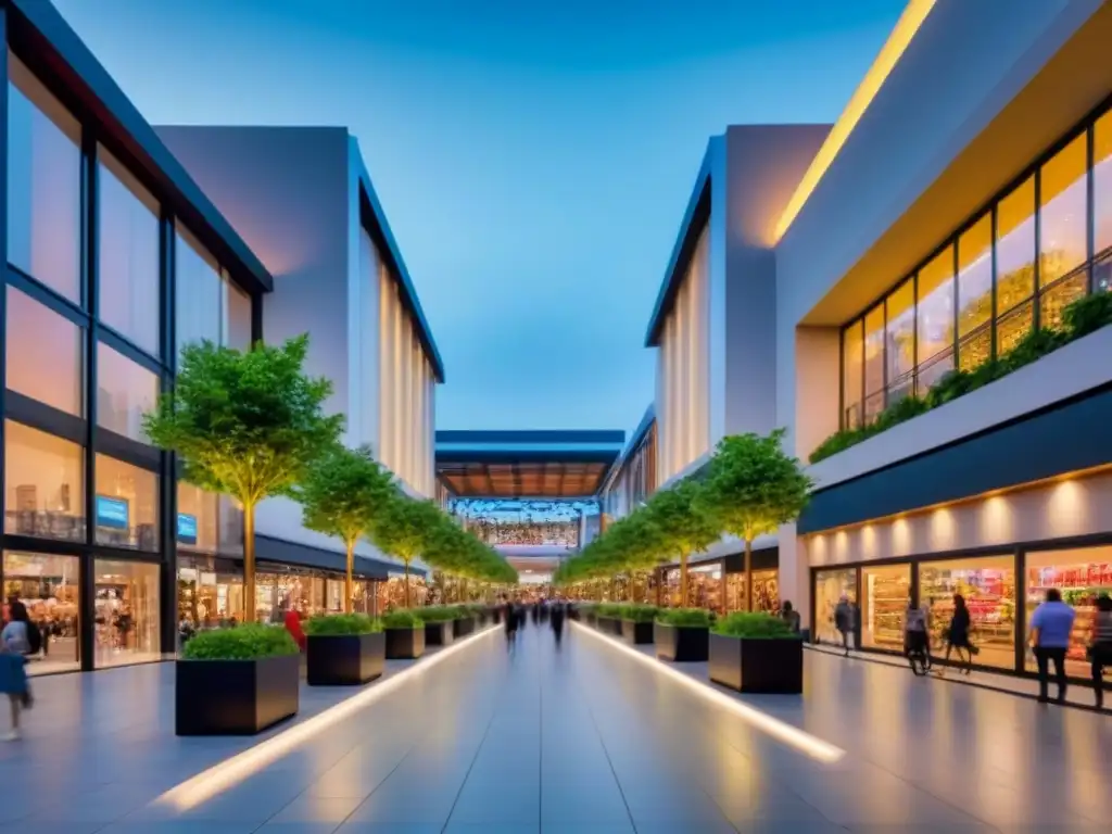 Centro comercial moderno y vibrante: energía y éxito Revivir centro comercial con arquitectura moderna, tiendas lujosas, multitud diversa y vegetación exuberante