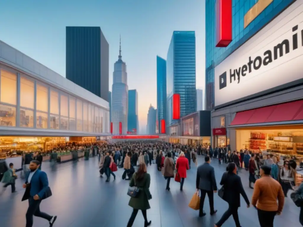 Centro comercial urbano: tiendas modernas y multitud diversa Un centro comercial bullicioso en una zona metropolitana, con tiendas modernas y multitudes diversas