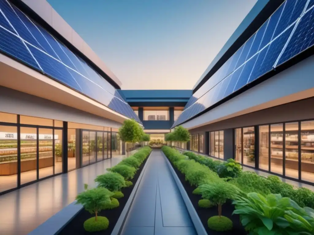 Centro comercial ecoamigable: diseño futurista y sostenible Un centro comercial ecológico de vanguardia con paneles solares, vegetación y diseño energéticamente eficiente