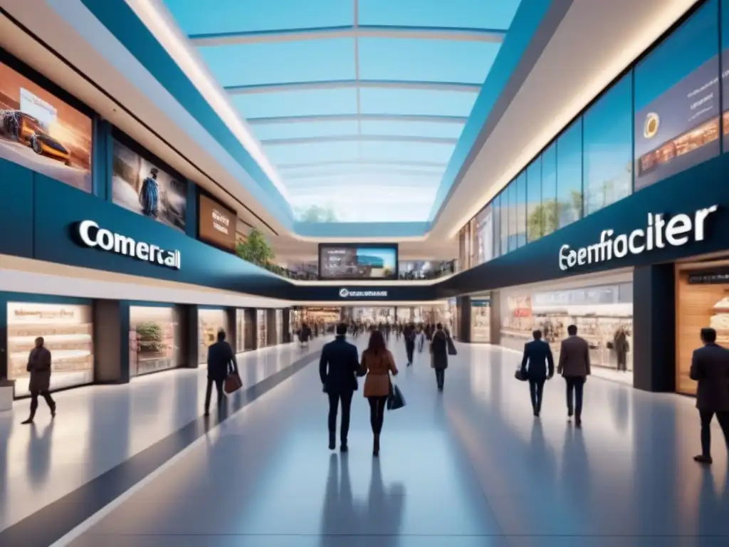 Centro comercial del futuro: innovación y tecnología en la experiencia de compra Un centro comercial futurista con diseño arquitectónico innovador y pantallas digitales interactivas