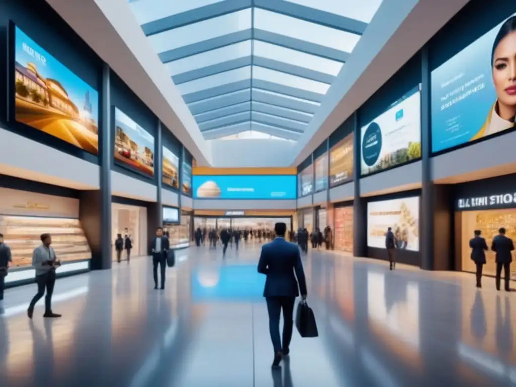 Centro comercial futurista: innovación y multiculturalismo Un centro comercial futurista con arquitectura de vidrio, drones de entrega y diversidad de compradores