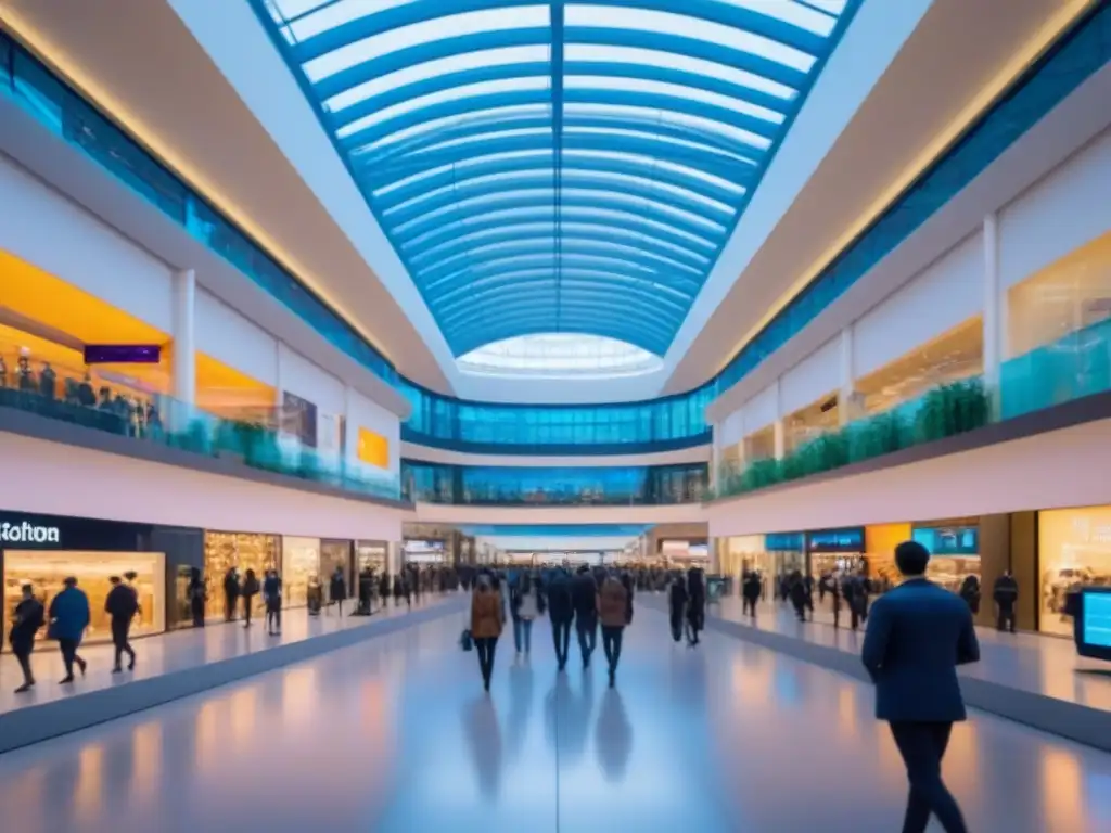 Centro comercial futurista: innovación y comercio global Un centro comercial futurista con arquitectura de vidrio, pantallas digitales vibrantes, multitudes diversas y robots de entrega autónomos