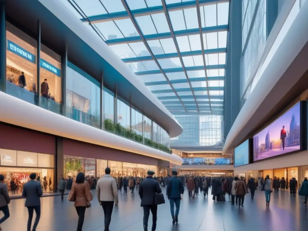 Centro comercial futurista en metrópolis vibrante Un centro comercial futurista reflejando la ciudad, con pantallas digitales mostrando datos demográficos e inversión