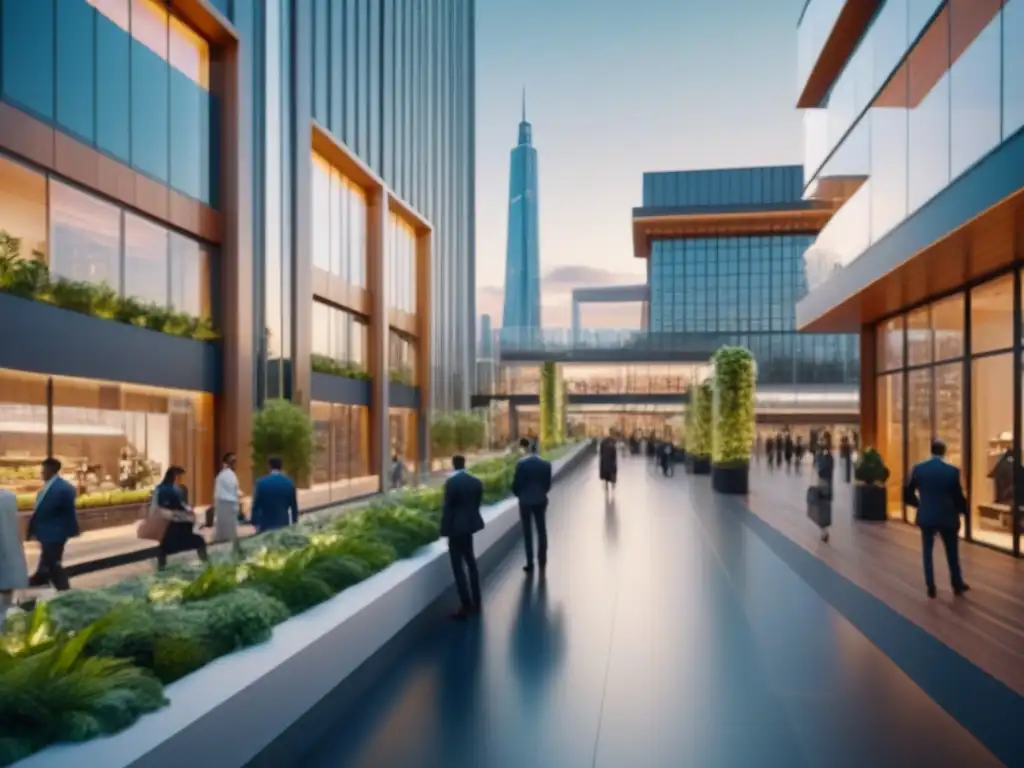 Centro comercial futurista: arquitectura deslumbrante y diversidad vibrante Un centro comercial futurista, con diseño geométrico y vegetación exuberante