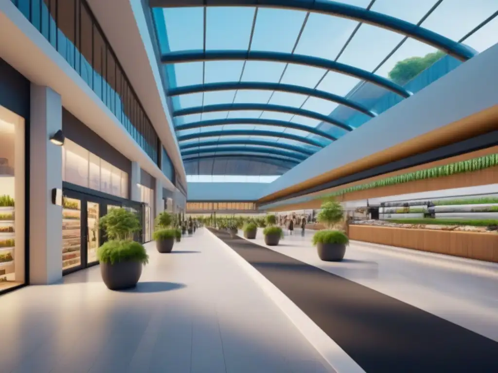 Centro comercial sostenible futurista con energía verde Centro comercial futurista con diseño sostenible, integrando naturaleza, paneles solares y estaciones de carga para vehículos eléctricos