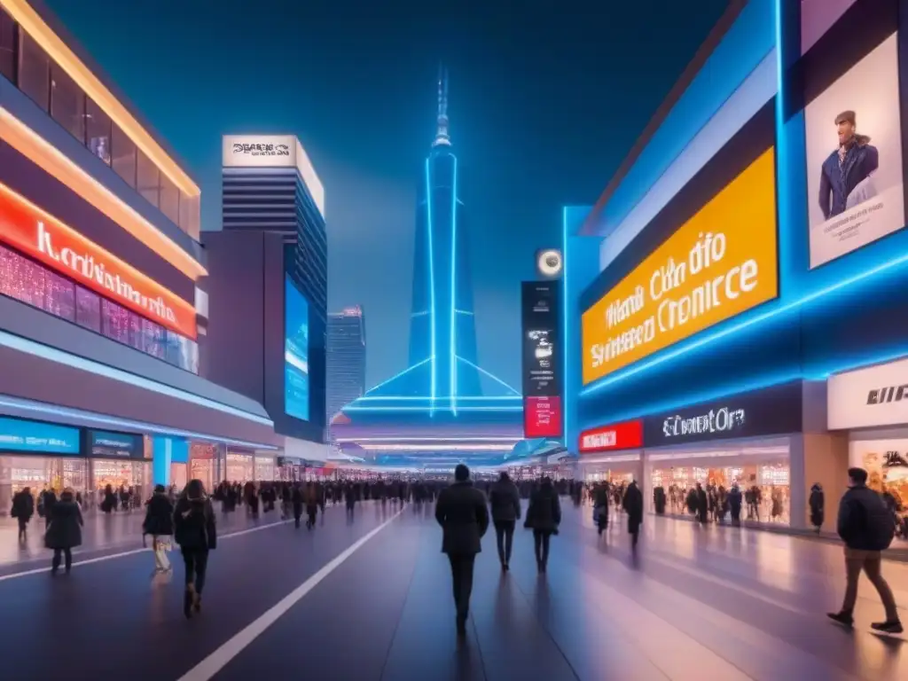 Centro comercial futurista: luces neon y tecnología avanzada Centro comercial futurista iluminado por luces de neón en una ciudad avanzada de noche