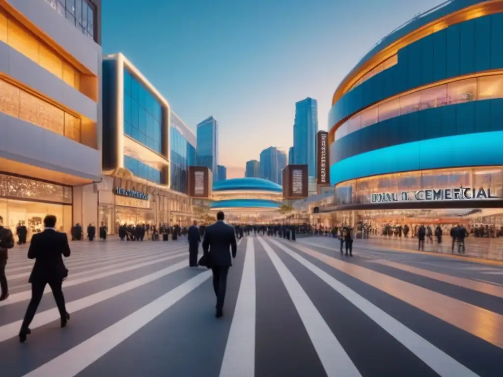 Centro comercial futurista en ciudad vibrante al anochecer Centro comercial futurista iluminado al anochecer, reflejando una atmósfera vibrante y llena de potencial