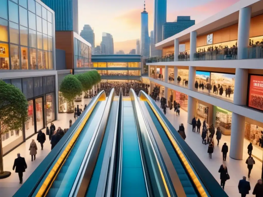 Centro comercial futurista: diversidad y modernidad urbana Un centro comercial futurista lleno de vida y diversidad, reflejo de la inversión en tendencias demográficas urbanas
