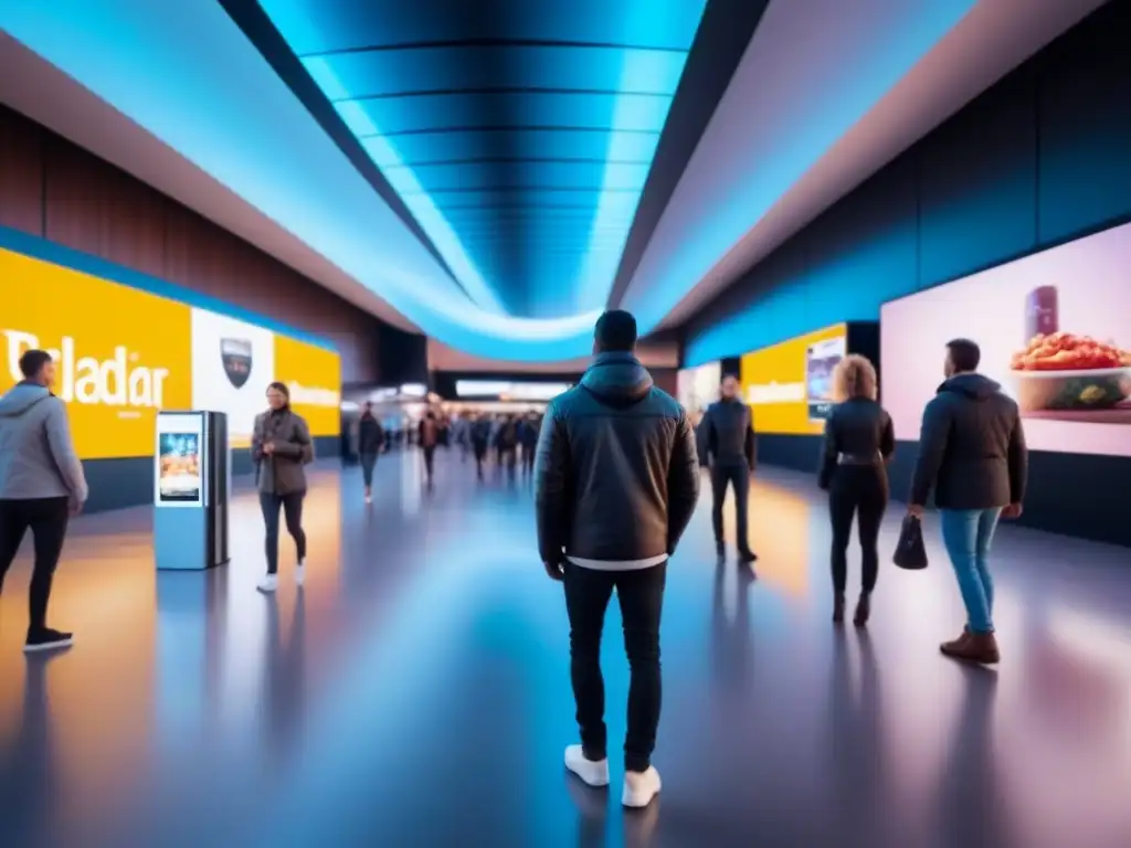 Centro comercial futurista: arquitectura moderna y diversidad de personas Un centro comercial futurista lleno de vida, con arquitectura elegante y pantallas digitales vibrantes