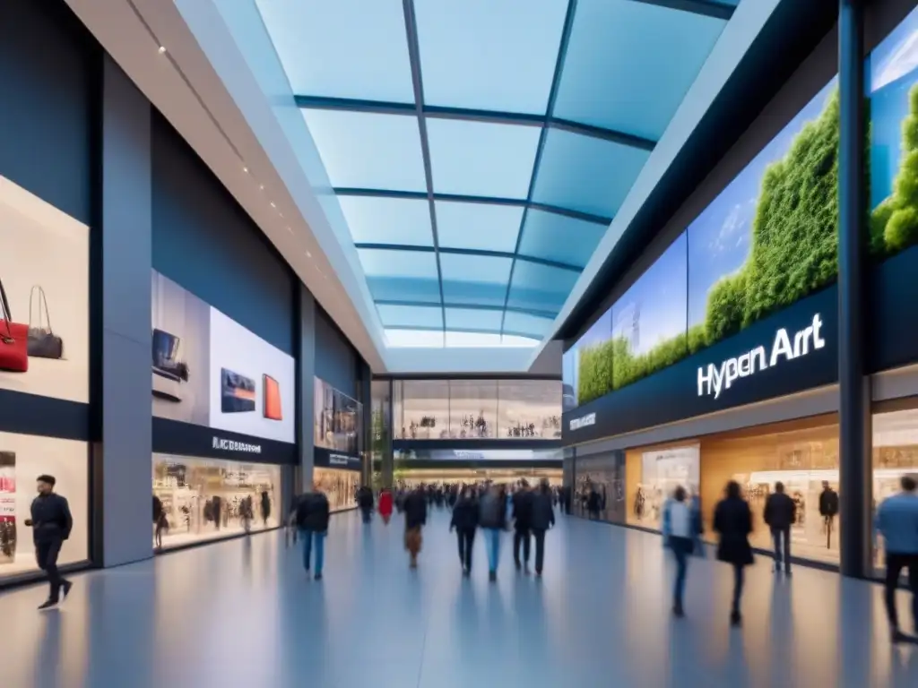 Centro comercial del futuro: innovación y naturaleza en armonía Un centro comercial futurista lleno de tecnología, vidrio y una multitud diversa disfrutando de experiencias innovadoras