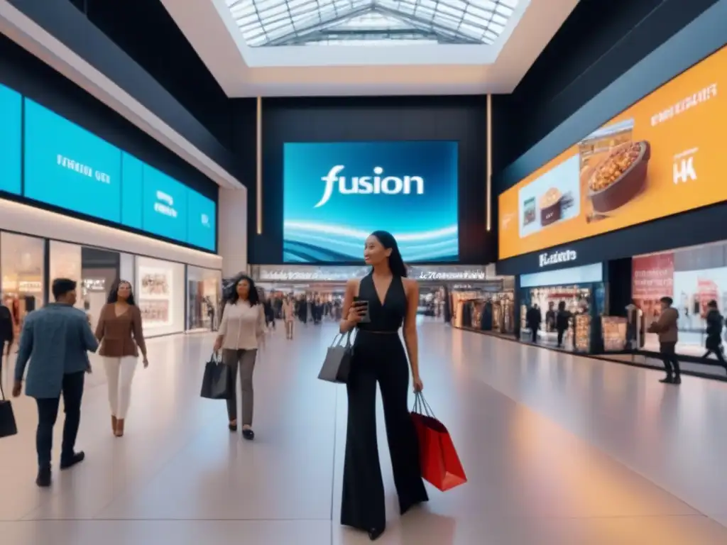 Centro comercial del futuro: fusión de tradición y tecnología Centro comercial futurista en plena transformación digital, con tiendas tradicionales y tecnológicas