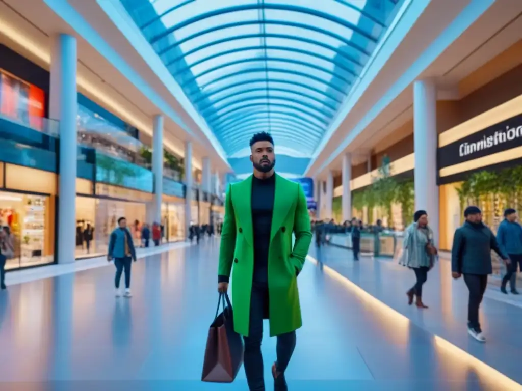 Centro comercial futurista de alta tecnología y diseño sostenible Un centro comercial futurista y sostenible con diseño de alta tecnología, lleno de vida y vegetación