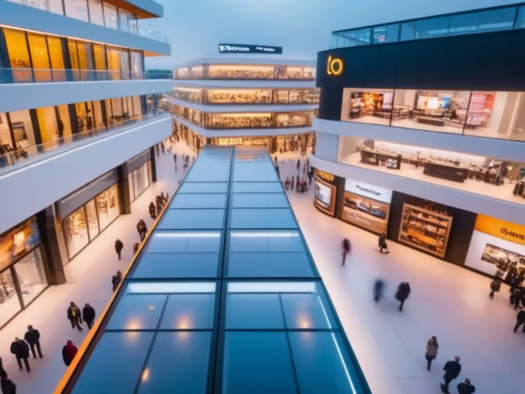 Centro comercial futurista: tecnología avanzada y diversidad de clientes Centro comercial futurista con tecnología avanzada y gestión inmobiliaria innovadora