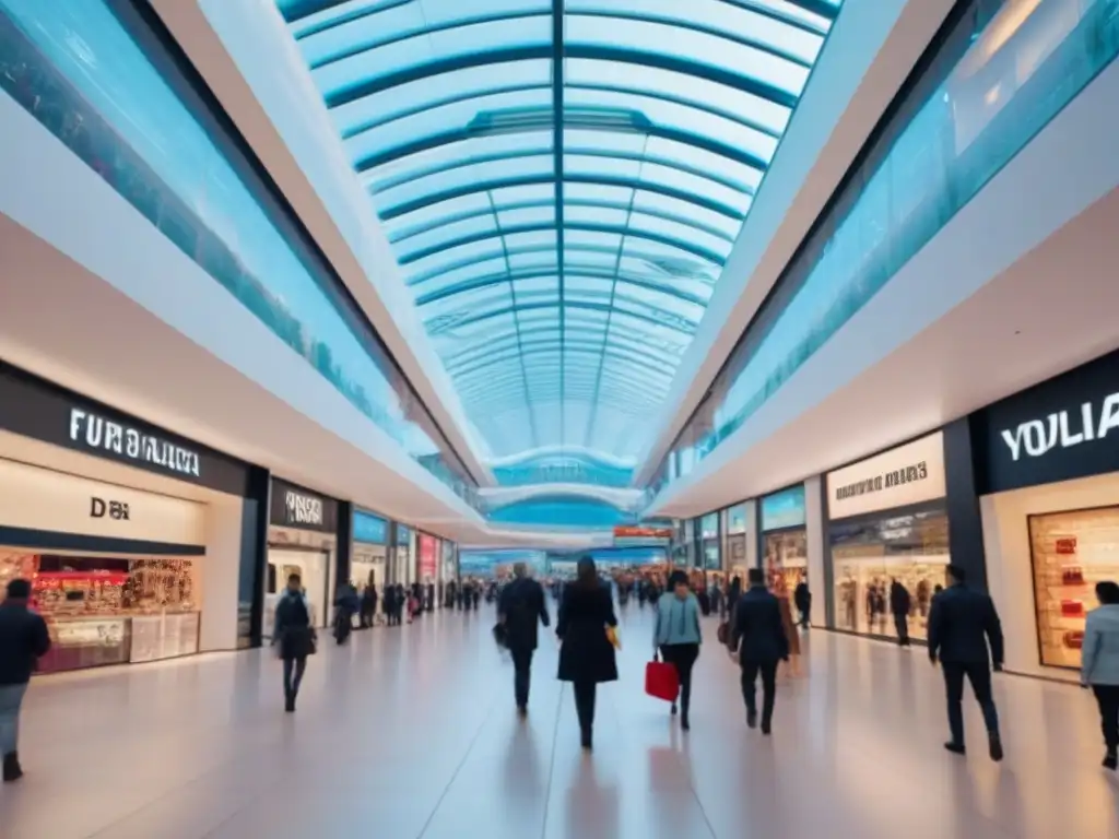 Centro comercial futurista y vibrante con tecnología de vanguardia Un centro comercial del futuro con clientes diversos, pantallas interactivas y diseño vanguardista