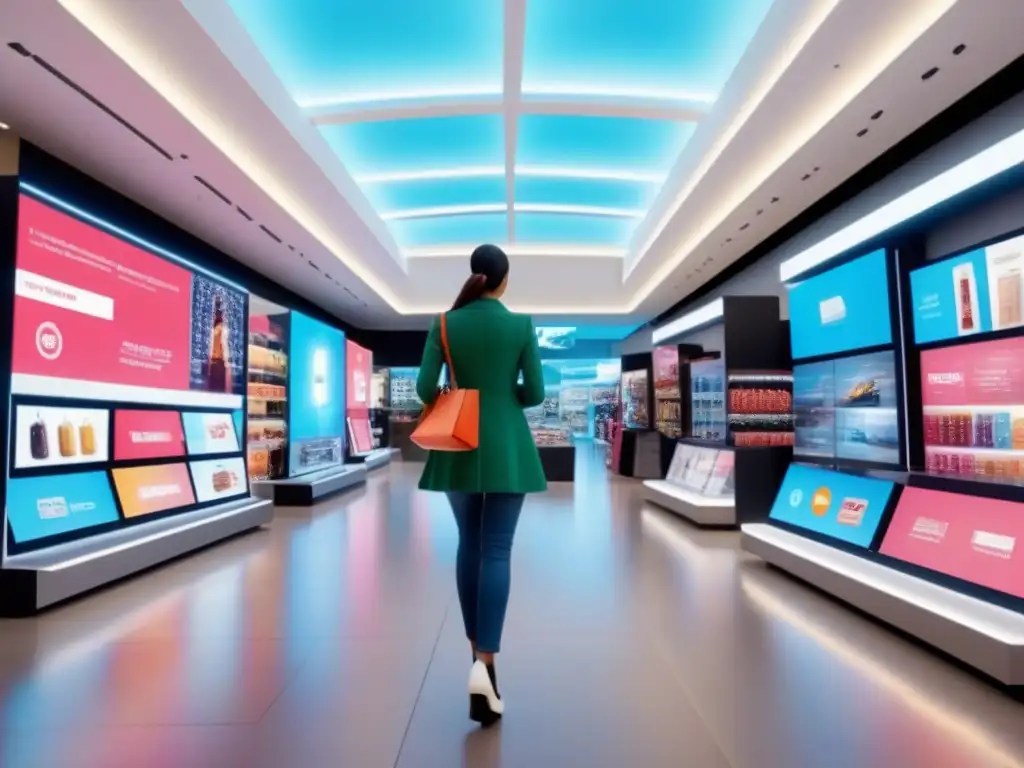 Centro comercial digital del futuro: innovación y tradición Un centro comercial del futuro repleto de innovación digital y compradores virtuales