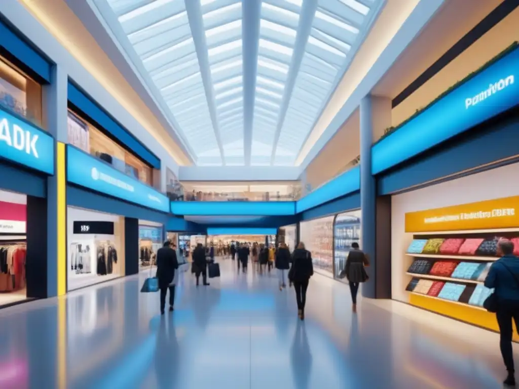 Centro comercial del futuro: diseño innovador y tecnología avanzada Un centro comercial innovador que fusiona arquitectura, tecnología, multitudes y conceptos de venta