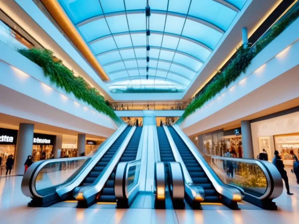 Centro comercial moderno: escaleras, plantas y tecnología para una experiencia de compras única Un centro comercial innovador con diseño arquitectónico moderno y un atrio central lleno de luz natural