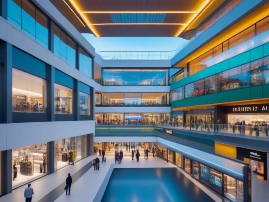 Centro comercial del futuro: innovación, sostenibilidad y comunidad Centro comercial innovador del futuro, con diseño de vanguardia, áreas verdes y diversidad de visitantes