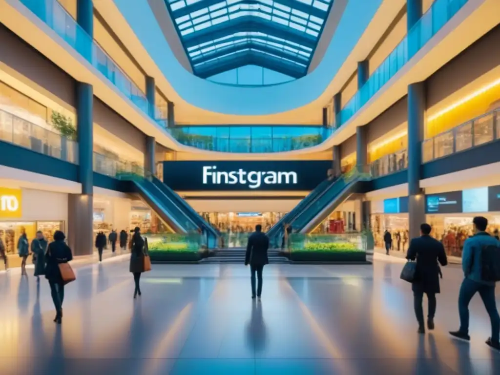 Centro comercial internacional: lujo y diversidad de compras Un centro comercial internacional bullicioso con arquitectura moderna y compradores diversos disfrutando de sus compras