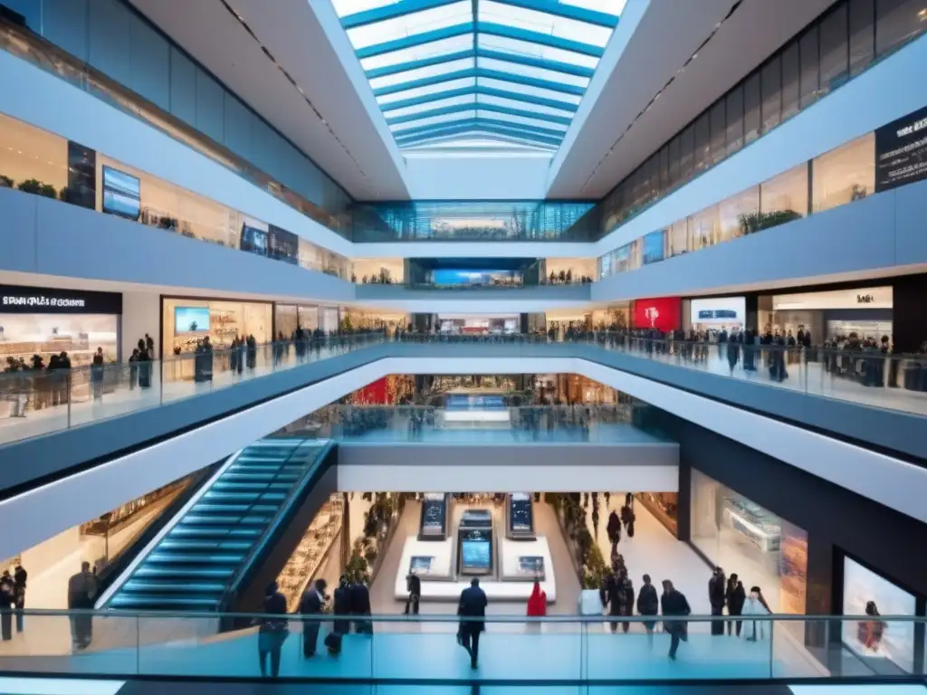Centro comercial internacional futurista: lujo, tecnología y diversidad Un centro comercial internacional futurista y ultramoderno, con un diseño de alta tecnología y multitudes diversas, en una ciudad cosmopolita vibrante