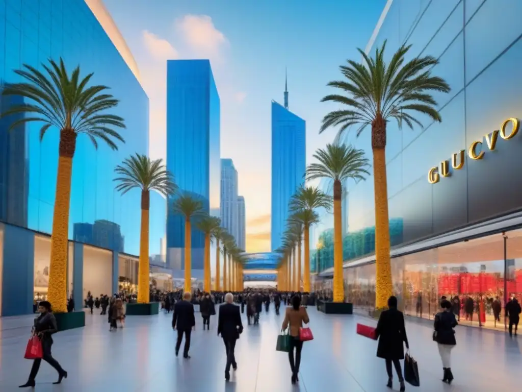 Centro comercial de lujo: compras internacionales y arquitectura moderna Centro comercial internacional lleno de lujo y diversidad, reflejando marcas exclusivas