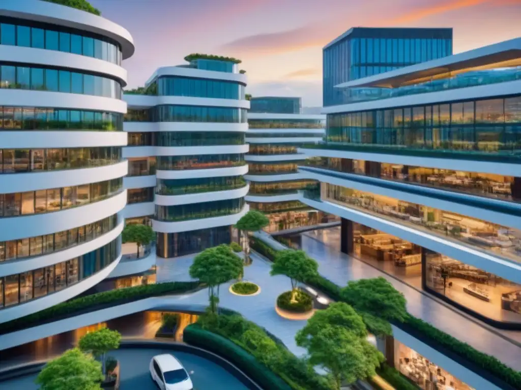 Centro comercial internacional: modernidad y lujo en la ciudad Un centro comercial internacional vibrante y moderno, rodeado de una ciudad dinámica