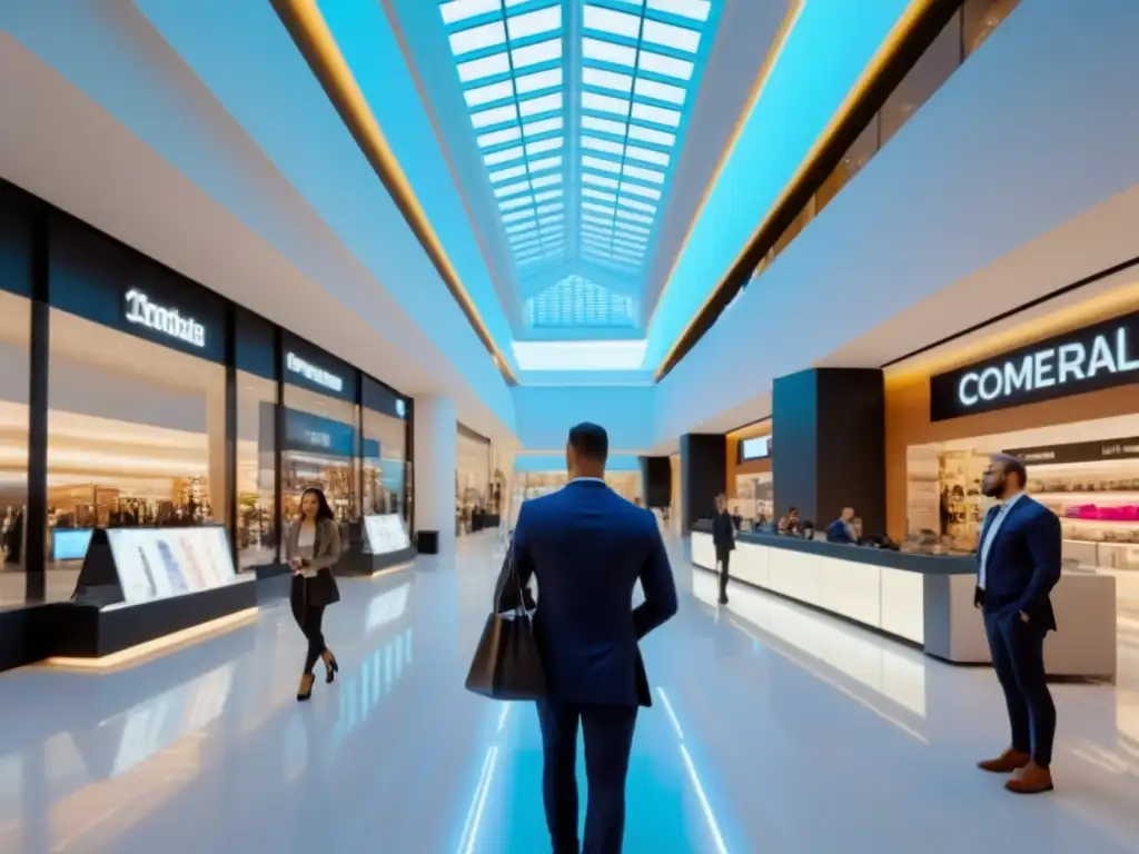 Gestión profesional en centro comercial de lujo Un centro comercial moderno y activo, con un equipo de gestión inmobiliaria coordinando eficientemente operaciones