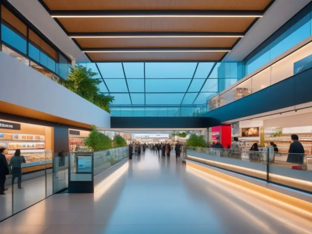 Centro comercial moderno: diversidad y dinamismo Un centro comercial moderno con arquitectura elegante y ambiente vibrante, reflejando un hub comercial exitoso