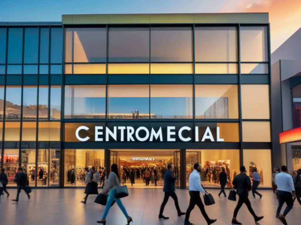 Centro Comercial: Vida urbana en movimiento Un centro comercial moderno bullicioso con arquitectura elegante y grandes ventanales reflejando un paisaje urbano vibrante
