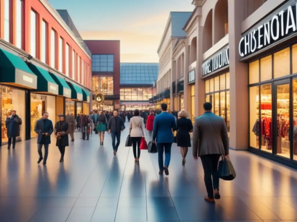Centro comercial moderno con ambiente vibrante y diverso Un centro comercial moderno y bullicioso con potencial, lleno de vida y diversidad entre sus tiendas y cafés