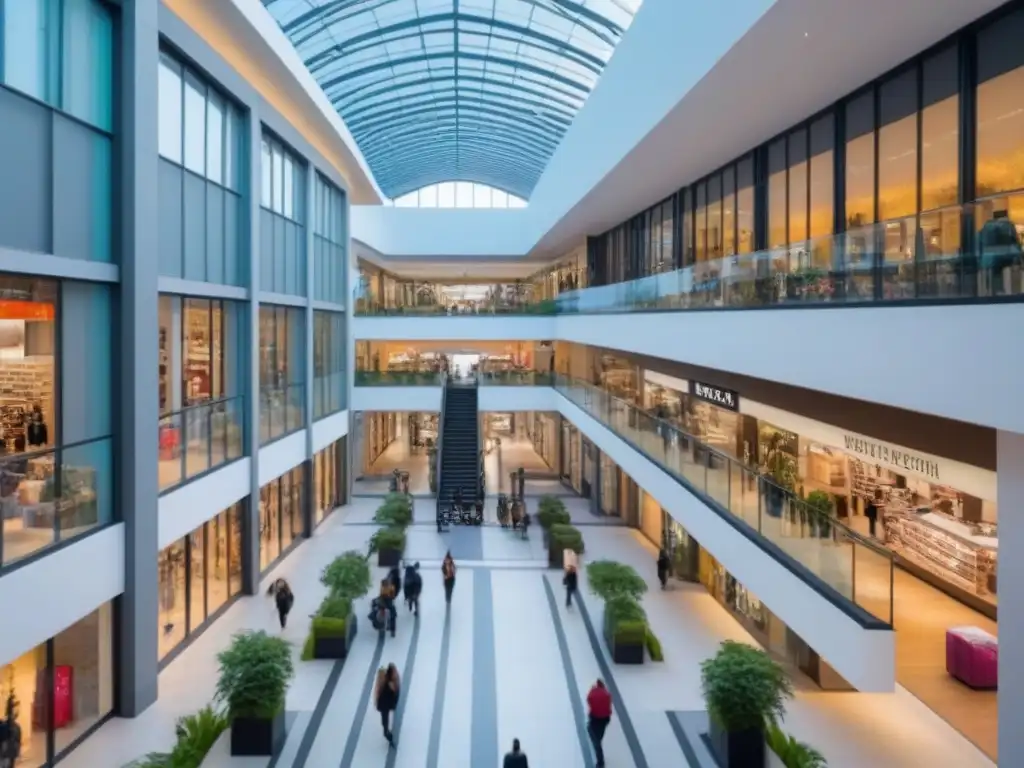 Centro comercial moderno: vitalidad y arquitectura elegante Un centro comercial moderno y bullicioso con arquitectura elegante y vibrantes escaparates, capturado desde un ángulo elevado para mostrar la multitud de compradores moviéndose a través del atrio, con la luz del sol entrando desde un techo de cristal, creando una atmósfera din