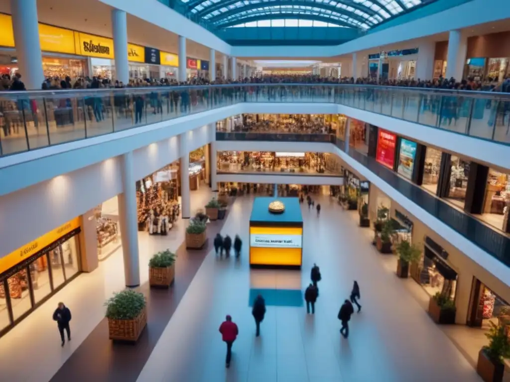 Centro comercial moderno al atardecer: ¡un oasis de compras y gastronomía! Centro comercial moderno y bullicioso al atardecer, con tiendas, restaurantes y áreas al aire libre vibrantes