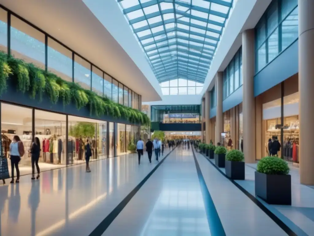 Centro comercial de lujo: arquitectura moderna, moda y diversidad Un centro comercial moderno bullicioso con arquitectura elegante, escaparates de moda y una multitud diversa