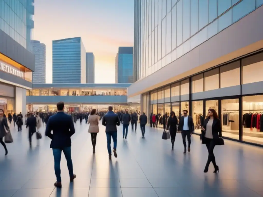 Centro comercial moderno en área urbana prime: escena vibrante y dinámica al atardecer Un centro comercial moderno con impacto en la ubicación y el valor de las inversiones en centros urbanos