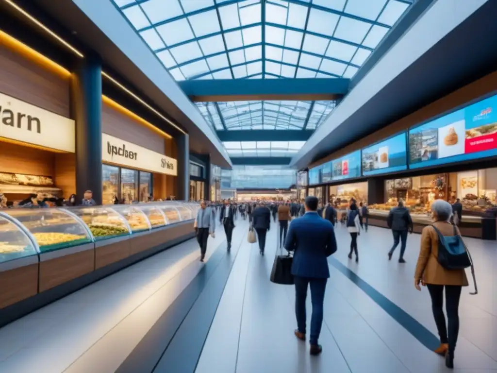Centro comercial moderno y vibrante con variedad de tiendas y gastronomía Un centro comercial moderno lleno de vida y diversidad, con tiendas de moda, tecnología, pantallas digitales y una variada oferta gastronómica