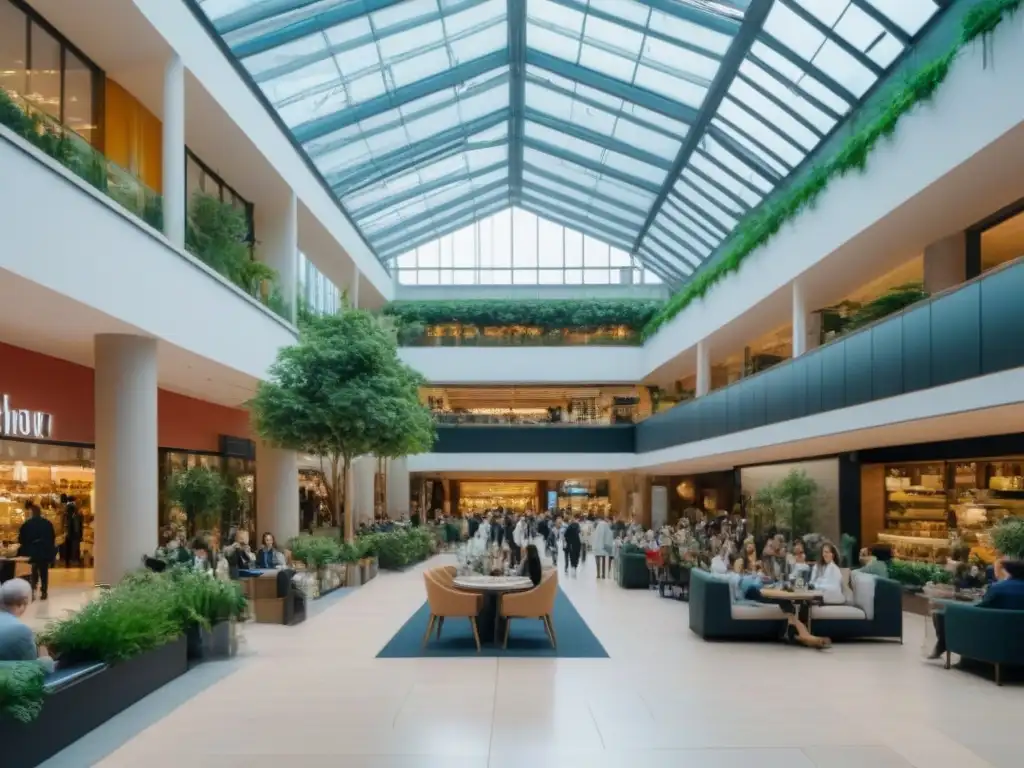 Centro comercial moderno y sostenible: atmosfera vibrante Un centro comercial moderno y sustentable con diversidad de personas, áreas verdes y luz natural