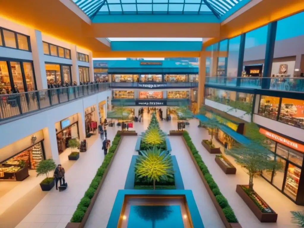 Centro comercial moderno y vibrante desde arriba, con diversidad de tiendas y restaurantes Centro comercial moderno con tiendas, restaurantes y multitud diversa de compradores