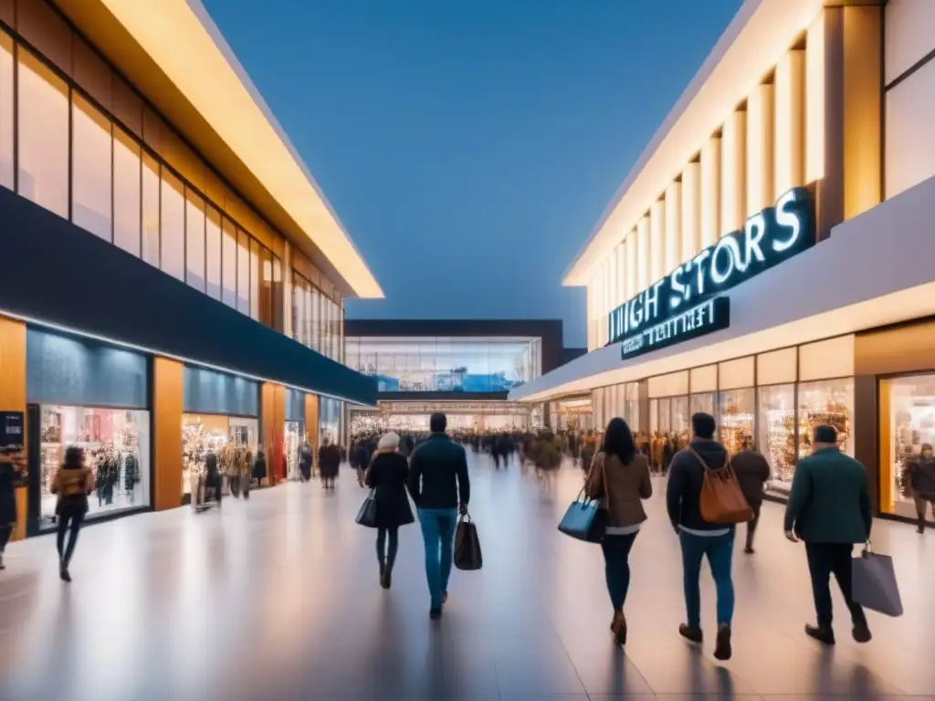 Centro comercial de lujo: escena vibrante y sofisticada Un centro comercial moderno y vibrante, lleno de compradores diversos y elegantes tiendas