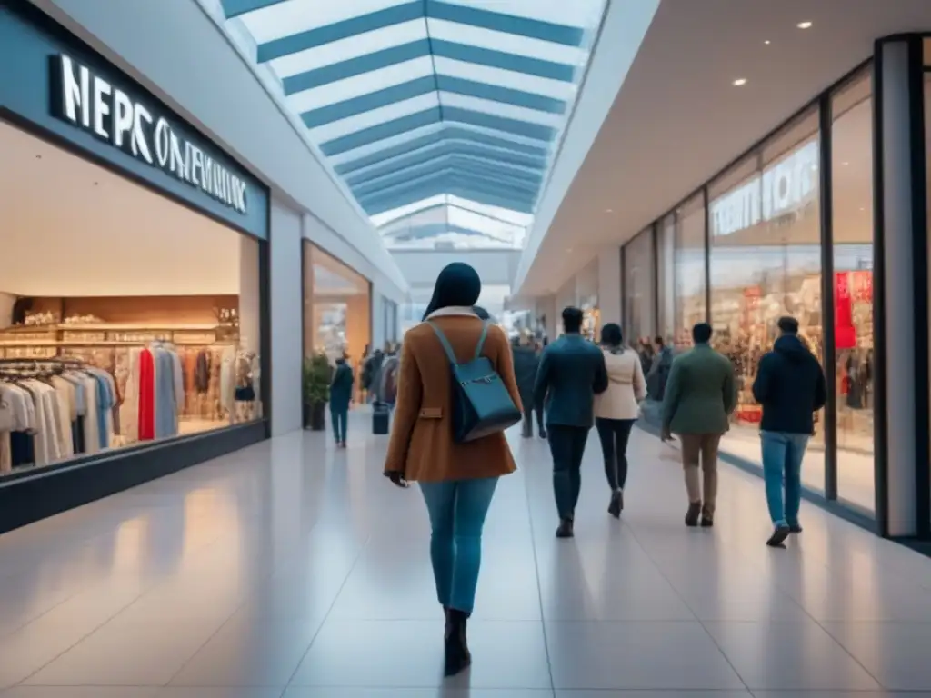 Centro comercial moderno: energía y diversidad de compradores Un centro comercial moderno y vibrante, con tiendas diversas y compradores de diferentes edades y etnias